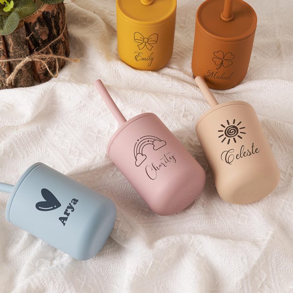 Personalized Silicone Name Cup 7oz for Babies, Baby Gift, Custom Toddler Gift, 1st Birthday Gift, Non-Spill Baby Training Cup with Straw