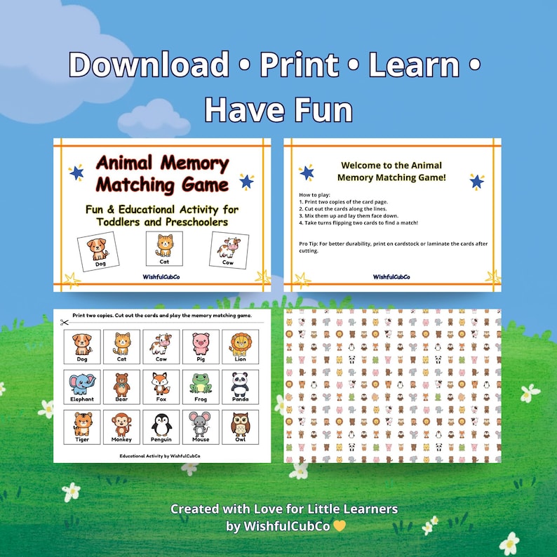 Animal Memory Game for Kids, Printable Matching Game for Toddlers ...