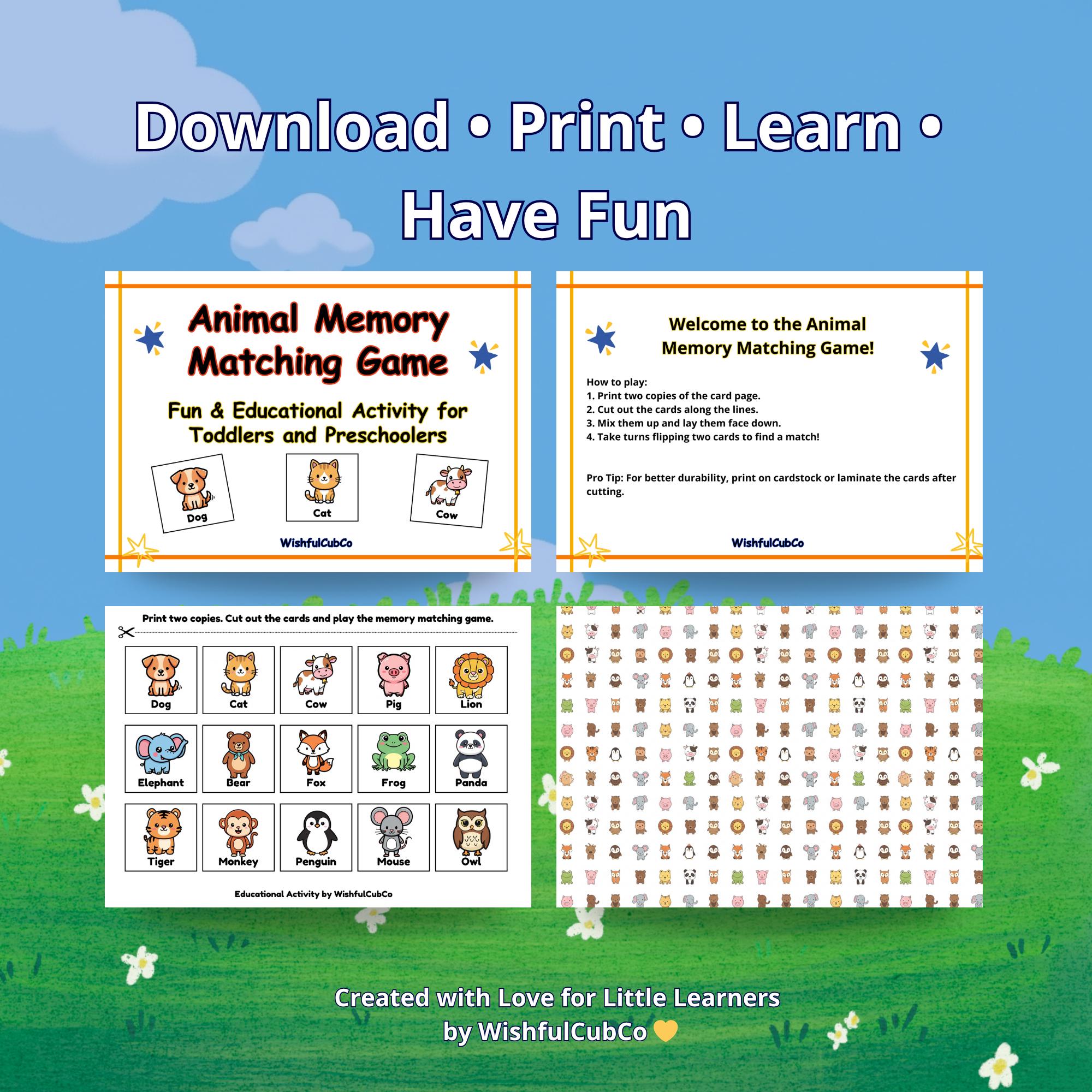 Animal Memory Game for Kids, Printable Matching Game for Toddlers ...