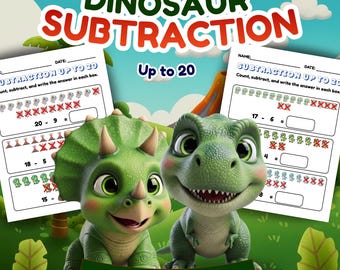 Dinosaur Subtraction Worksheets Up to 20, Kindergarten Math Worksheets, Printable Subtraction Practice, Homeschool Math Activity PDF