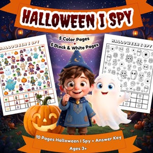 May include: A Halloween I Spy activity set featuring 10 pages and an answer key for ages 3+. The set includes 5 color pages and 5 black and white pages with various spooky illustrations, a wizard character with a magnifying glass, and a ghost.