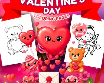 Valentine’s Day Coloring Book for Kids, 35 Cute Pages, Printable PDF, Toddler Activity, Preschool Coloring Pages