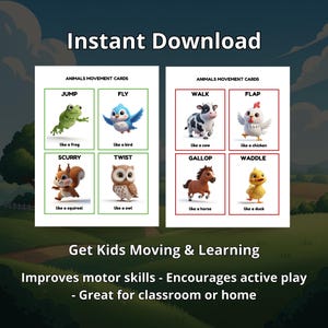 Op de afbeelding: Educatieve printbare kaarten met instructies voor dierenbewegingen. De kaarten bevatten illustraties van dieren zoals een kikker, vogel, koe en kip, met actiewoorden zoals "Springen", "Vliegen" en "Lopen". De tekst bovenaan luidt "Direct downloaden" en "Dierenbewegingskaarten".