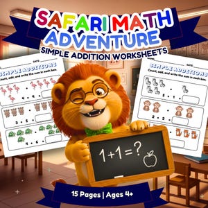 Safari Addition Worksheets for Kids Printable, Easy Preschool Math Activity, Kindergarten Learning, Homeschool Math PDF, Ages 4-6