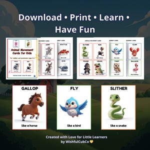 Op de afbeelding: Educatieve dierenbewegingskaarten voor kinderen. De kaarten tonen illustraties van dieren die verschillende acties uitvoeren, zoals springen, kruipen en vliegen. Ontworpen voor peuters en kleuters. De tekst "Download &bull; Print &bull; Learn &bull; Have Fun" is zichtbaar.