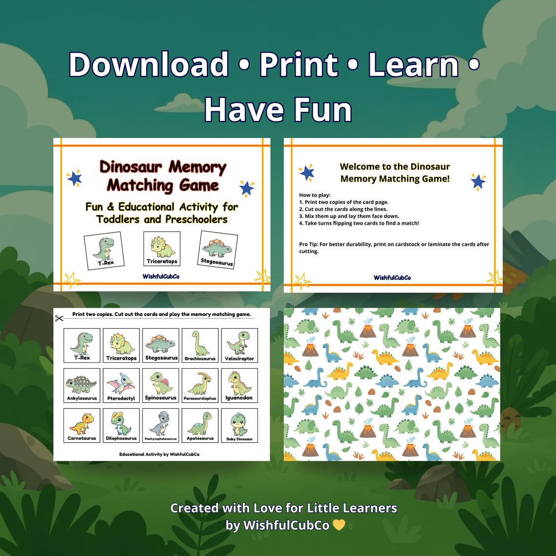 Dinosaur Memory Game for Kids, Printable Dino Matching Game, Toddler ...