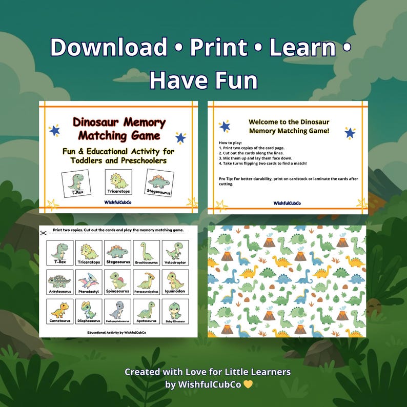 Dinosaur Memory Game for Kids, Printable Dino Matching Game, Toddler ...