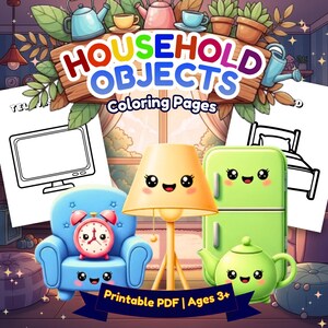 Libro para colorear de objetos del hogar para niños, más de 40 páginas para colorear de objetos cotidianos, hoja de trabajo de vocabulario preescolar en PDF, actividad imprimible para niños pequeños.