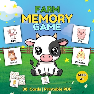 Farm Animals Memory Game for Kids, Printable Matching Game for Toddlers, Preschool Learning Activity Ages 3–5, Homeschool Game PDF