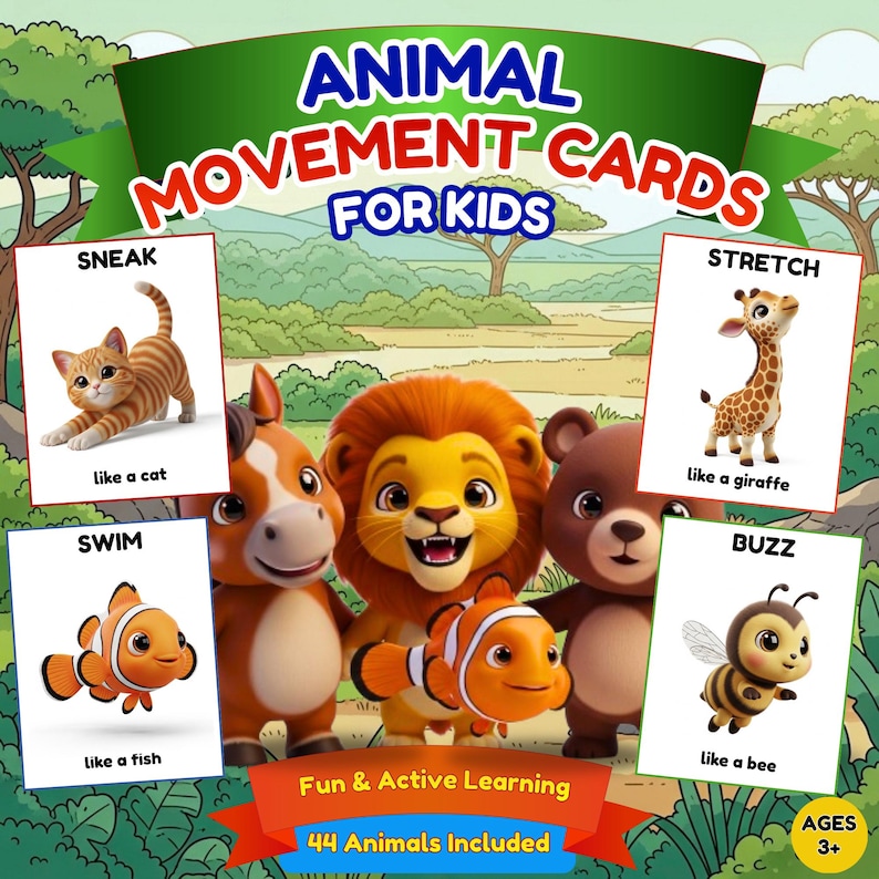Op de afbeelding: Een set kleurrijke dierbewegingskaarten voor kinderen. De kaarten tonen illustraties van dieren zoals een kat, giraffe, vis en bij, met tekst die de beweging aangeeft. De set bevat 44 dieren en is ontworpen voor kinderen vanaf 3 jaar.