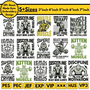 Peut inclure: Ensemble de motifs de broderie sur le thème de la salle de sport. Les motifs présentent des phrases de motivation et des images d'haltérophiles, de gorilles et d'un chaton soulevant des poids. Le texte comprend "Beast Mode", "Discipline" et "Muscle". Tailles de 7,6 à 17,8 cm.