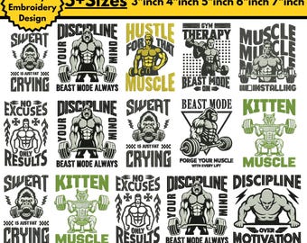 May include: A collection of gym-themed embroidery designs. The designs feature motivational phrases and images of weightlifters, gorillas, and a kitten lifting weights. The text includes "Beast Mode," "Discipline," and "Muscle." Sizes range from 3 to 7 inches.