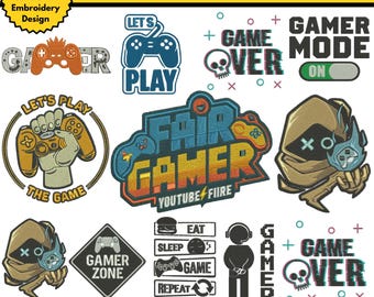 Peut inclure: Ensemble de motifs de broderie sur le thème des jeux vidéo. Comprend des textes tels que "Gamer", "Let's Play" et "Game Over", ainsi que des graphiques de manettes et un crâne. Tailles de 7.6 à 17.8 cm.