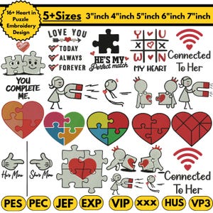 Könnte beinhalten: Ein digitales Stickdesign mit Herz- und Puzzle-Motiven. Enthält Sätze wie „Love You“, „He's My Perfect Match“ und „You Complete Me“. Erhältlich in 5 Größen, von 7,6 bis 17,8 cm. Dateiformate: PES, PEC, JEF, EXP, VIP, XXX, HUS und VP3.