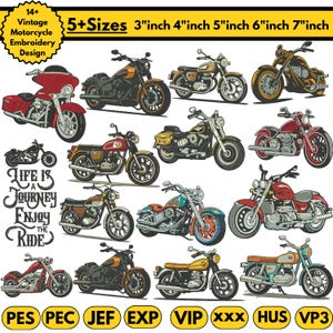 May include: A collection of 14+ vintage motorcycle embroidery designs in various colors and styles. The designs include classic and modern motorcycle illustrations, with sizes ranging from 3 to 7 inches. The phrase "Life is a Journey, Enjoy the Ride" is also included.