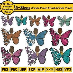 May include: A selection of floral butterfly embroidery designs in shades of purple, teal, brown, pink, and blue. The designs are available in 5+ sizes, ranging from 7.6 to 17.8 cm. The image also displays the file formats: PES, PEC, JEF, EXP, VIP, XXX, HUS, and VP3.