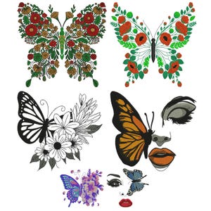May include: A selection of butterfly designs. One butterfly is filled with red and gold flowers, another with red poppies. A black and white butterfly is paired with white flowers. An orange-winged butterfly is next to a face. Two more butterflies are shown.