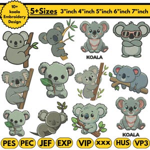 May include: A collection of koala embroidery designs in various poses, including koalas on branches and holding leaves. The designs are in multiple sizes, ranging from 3 to 7 inches. The image includes the text "10+ koala Embroidery Design".
