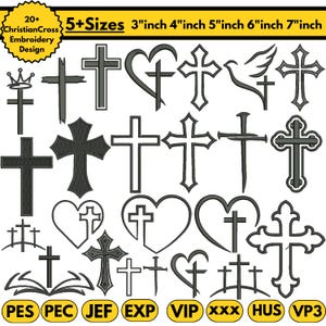 May include: A collection of Christian cross embroidery designs in various styles. The image includes crosses with heart and crown motifs, and the text "20+ Christian Cross Embroidery Design" and "5+ Sizes 3"inch 4"inch 5"inch 6"inch 7"inch".