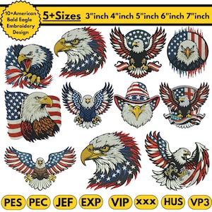 May include: A collection of American bald eagle embroidery designs in various poses and styles. The designs incorporate red, white, and blue colors, with some featuring the American flag. The image includes text indicating multiple sizes, from 3 to 7 inches.