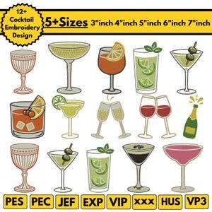 Puede incluir: Un diseño de bordado con varios vasos de cóctel, incluyendo martinis, margaritas y copas de champán. El diseño incluye el texto "12+ Cocktail Embroidery Design" y "5+ Sizes 3"inch 4"inch 5"inch 6"inch 7"inch".