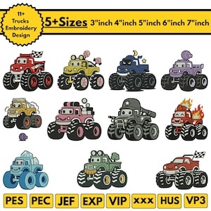 May include: A digital collection of 11+ monster truck embroidery designs in various colors including red, yellow, blue, purple, pink, and green. The image displays text stating 5+ Sizes 3 inch 4 inch 5 inch 6 inch 7 inch and file formats PES, PEC, JEF, EXP, VIP, XXX, HUS, VP3.