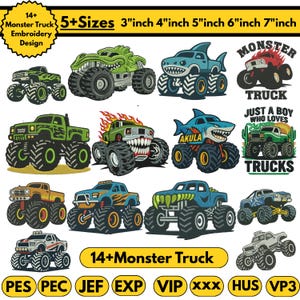 Puede incluir: Una colección de 14+ diseños de bordado de monster trucks en 5 tamaños, que van desde 7,6 cm hasta 17,8 cm. Los diseños presentan varios monster trucks con temas únicos, incluyendo tiburones, caimanes y camiones con temática de fuego. La imagen también incluye texto.