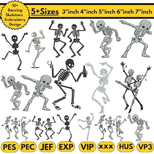 May include: A collection of dancing skeleton embroidery designs in various poses. The image includes sizes from 7.6 cm to 17.8 cm. Text includes "10+ Dancing Skeletons Embroidery Design" and "5+ Sizes".