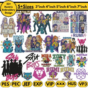 May include: A collection of embroidery designs featuring various cartoon characters and text. The designs include groups of people, cats, and text such as "K-POP DEMON HUNTERS" and "SAJA BOYS". Sizes range from 3 to 7 inches.