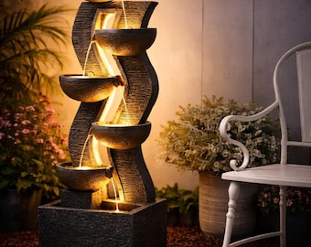 Modern Tiered Resin Outdoor Fountain with LED Lights – Zen Garden Waterfall Feature