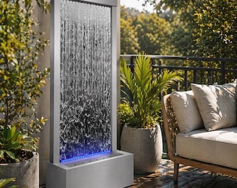 Modern Stainless Steel Waterfall Fountain | Floor Standing Water Feature with LED Lighting