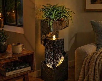 Modern Indoor Water Fountain with LED Light & Planter, Tabletop Zen Waterfall, Home Decor Fountain