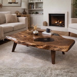 Mesa de centro de borde natural - Mesa auxiliar de estilo vintage - Mesa de centro de madera maciza de nogal - Centro de mesa de granja reciclado hecho a mano - Decoración para el hogar