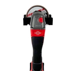 May include: A red and gray cordless angle grinder with a black handle and a circular cutting blade. The grinder has the text "RAPIDSTOP" and "FUEL" on the body. The blade is 4 1/2" in diameter.