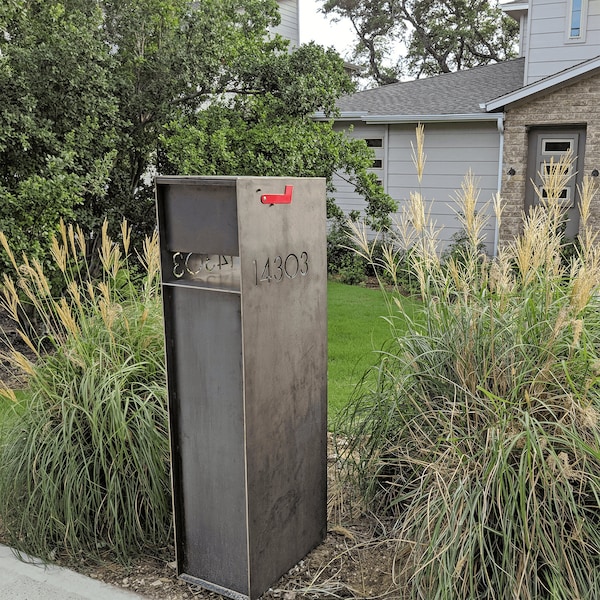 Overland Modern Mailbox ALL Steel - Custom Mid Century Modern Curbside Metal Mailbox with Personalized House Numbers