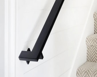 Modern  Wall Mount Handrail Kit - Powder Coated Black Rectangular Metal Handrail for Stairs, Mid Century Modern Hand Railing