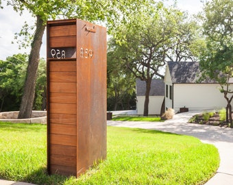 Overland Modern Mailbox w Ipe Wood - Custom Curbside Mid Century Metal Mailbox with Personalized Address Numbers