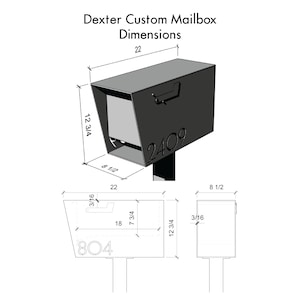 Technical illustration of the Dexter Custom Mailbox with labeled dimensions. The main 3D view shows a modern steel mailbox with the address number '2409', measuring 22 inches long, 8.5 inches wide, and 12.75 inches tall. Additional side and front elevation diagrams provide more measurements, including a 3/16-inch thickness, 18-inch door width, and 7.75-inch internal height. A second mailbox drawing displays address number '804' for reference.