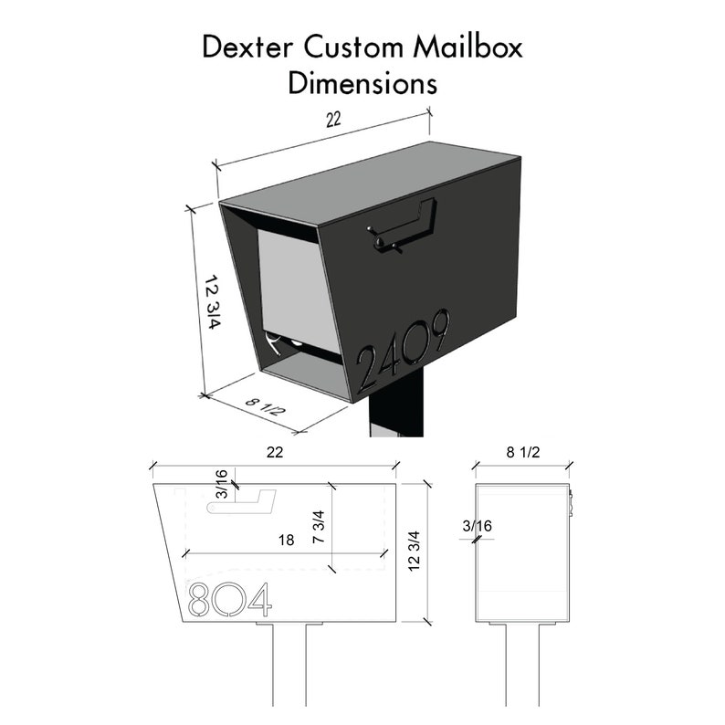 Technical illustration of the Dexter Custom Mailbox with labeled dimensions. The main 3D view shows a modern steel mailbox with the address number '2409', measuring 22 inches long, 8.5 inches wide, and 12.75 inches tall. Additional side and front elevation diagrams provide more measurements, including a 3/16-inch thickness, 18-inch door width, and 7.75-inch internal height. A second mailbox drawing displays address number '804' for reference.