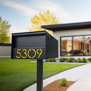 May include: Black mailbox with a yellow number 5309 on a black metal post. The mailbox is in front of a modern house with a green lawn.