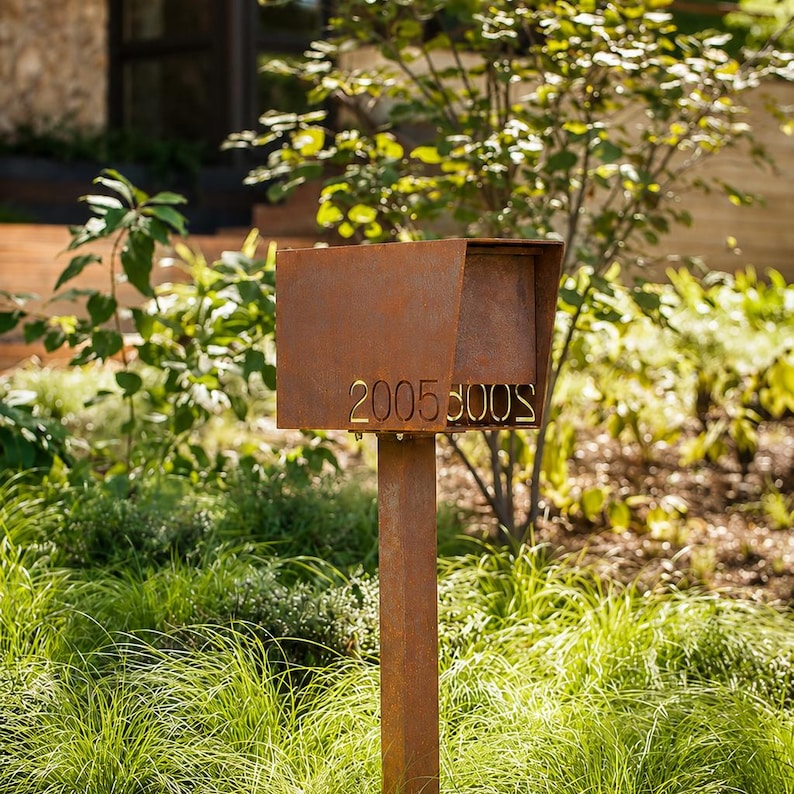 May include: A rectangular, rust-coloured metal mailbox mounted on a matching vertical post. The front face of the mailbox features the cutout numbers 2005, with a mirrored reflection of the numbers visible on the interior surface of the box.