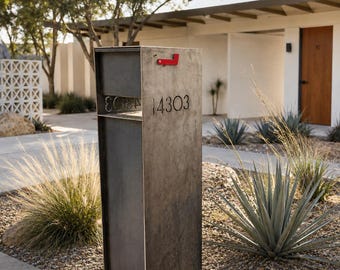 Overland Modern Mailbox ALL Steel - Custom Mid Century Modern Curbside Metal Mailbox with Personalized House Numbers