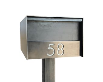 Barton Custom Modern Mailbox -  Curbside Post Mount Mailbox with Personalized House Numbers, Mid Century Metal Mailbox