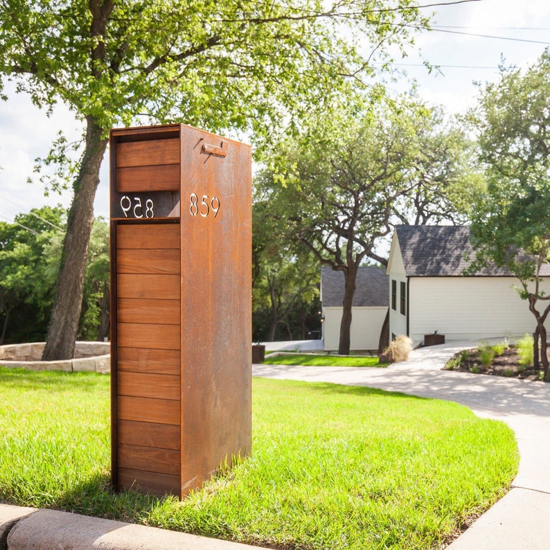 Overland Modern Mailbox w Ipe Wood - Custom Curbside Mid Century Metal Mailbox with Personalized Address Numbers