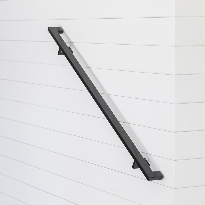 Modern  Wall Mount Handrail Kit - Powder Coated Black Rectangular Metal Handrail for Stairs, Mid Century Modern Hand Railing
