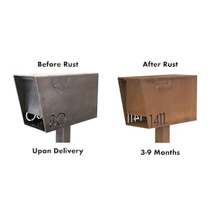 Side-by-side comparison of a hot rolled steel mailbox before and after natural rusting. The left mailbox, labeled 'Before Rust' and 'Upon Delivery,' has a raw, dark gray steel finish with address number '80'. The right mailbox, labeled 'After Rust' and '3–9 Months,' shows the same style mailbox with a rich rust patina and address number '1411'. Both mailboxes feature a minimalist flag and are mounted on steel posts.