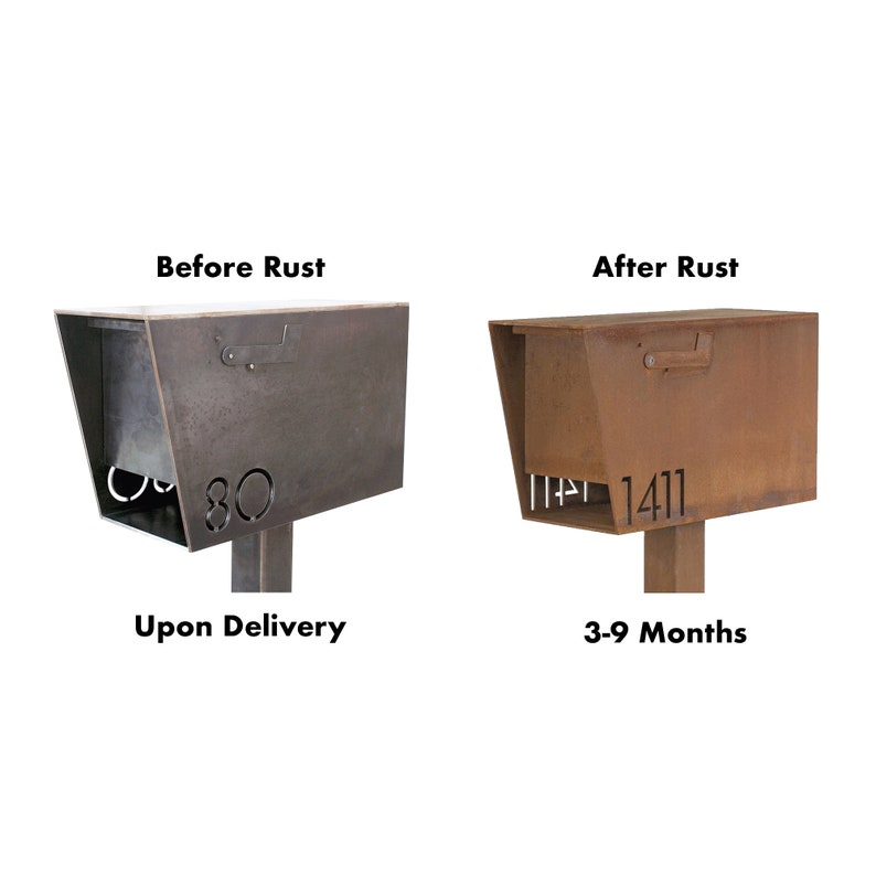 Side-by-side comparison of a hot rolled steel mailbox before and after natural rusting. The left mailbox, labeled 'Before Rust' and 'Upon Delivery,' has a raw, dark gray steel finish with address number '80'. The right mailbox, labeled 'After Rust' and '3–9 Months,' shows the same style mailbox with a rich rust patina and address number '1411'. Both mailboxes feature a minimalist flag and are mounted on steel posts.