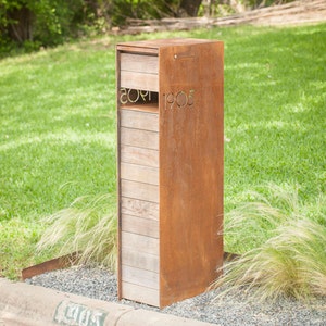 Overland Modern Mailbox w Ipe Wood Custom Mid Century Curbside Metal Mailbox, Personalized House Numbers, Modern Decor image 3