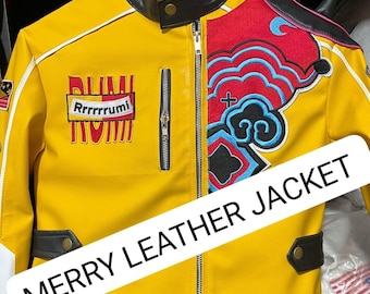 May include: Yellow leather jacket with black accents, a zipper closure, and a stand-up collar. The jacket features a patch with the text "Rrrrrrumi" and a colorful design on the right shoulder. The text "MERRY LEATHER JACKET" is displayed across the front.