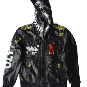 May include: Black faux leather jacket with a hood. The jacket features white and yellow graphic designs, including the text "OLY" and "R.P.D." on the hood. It has a zip-up front, multiple pockets, and yellow stripes on the shoulders and sleeves.